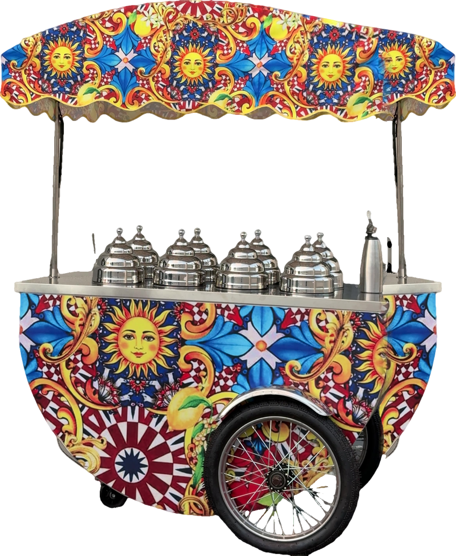 The Flavours of Sicily granita cart, with a colourful Sicilian sun-pattern canopy and rows of silver domed lids
